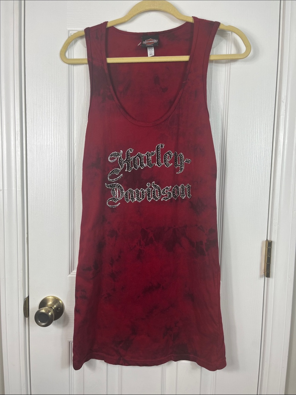 Harley Davidson dark red tie-dyed tank top size XL. Extra long. Clear beading.